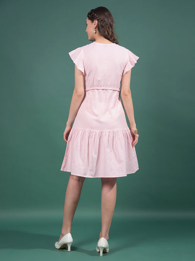 Pink V-Neck A-Line Dress-Women Dresses-Crimsoune Club