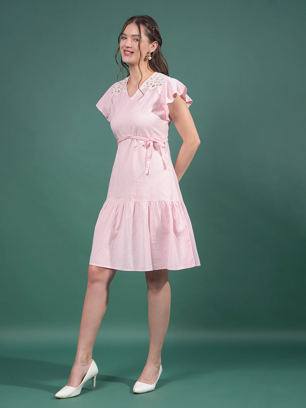 Pink V-Neck A-Line Dress-Women Dresses-Crimsoune Club