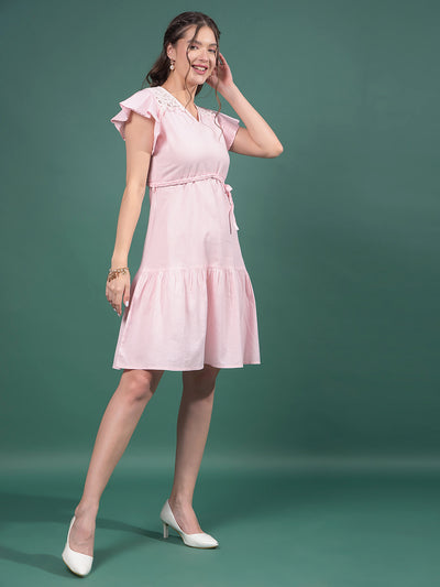 Pink V-Neck A-Line Dress-Women Dresses-Crimsoune Club