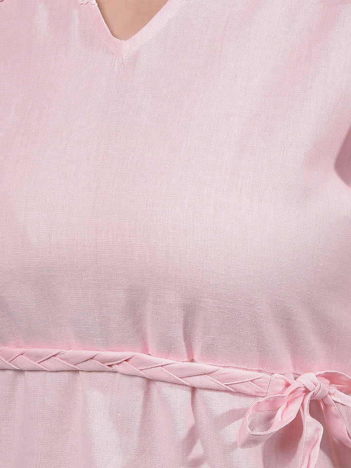 Pink V-Neck A-Line Dress-Women Dresses-Crimsoune Club