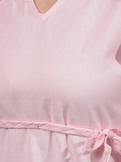 Pink V-Neck A-Line Dress-Women Dresses-Crimsoune Club