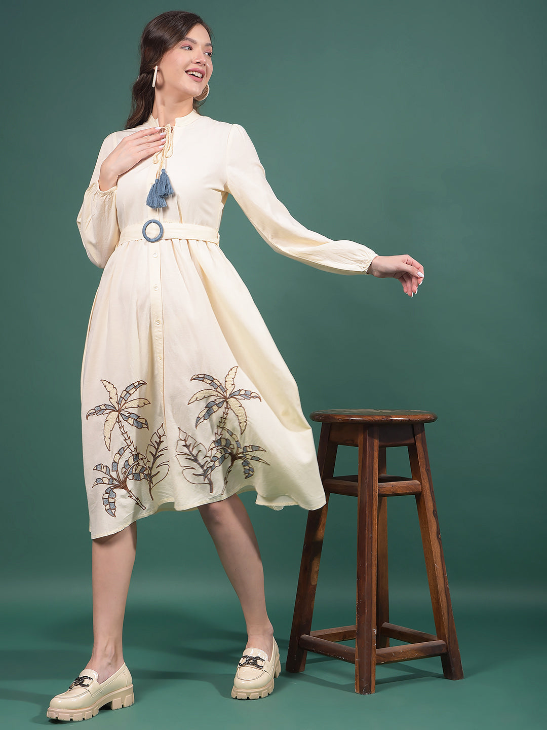 Cream Embroidered V-Neck A-Line Dress-Women Dresses-Crimsoune Club