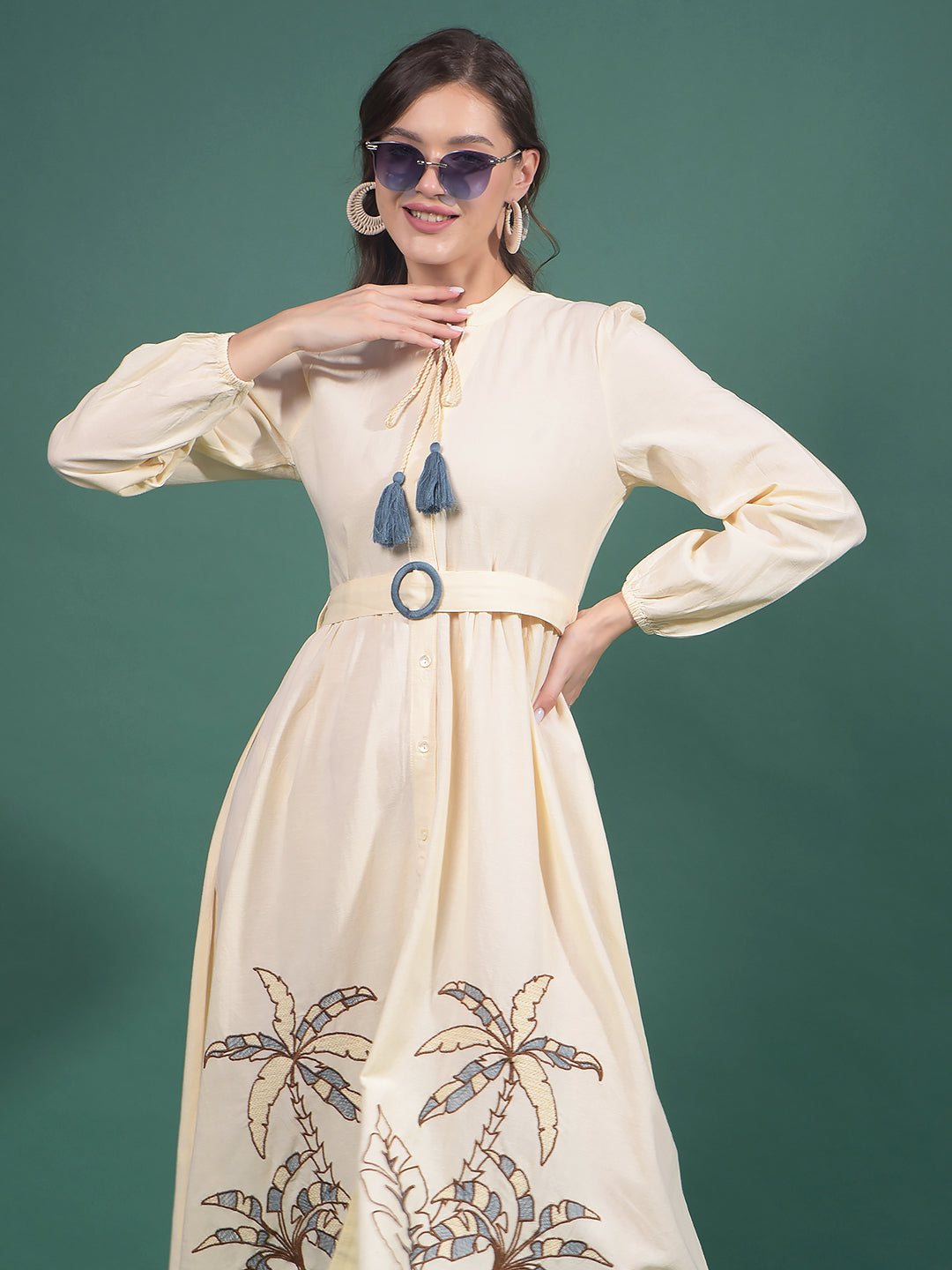 Cream Embroidered V-Neck A-Line Dress-Women Dresses-Crimsoune Club