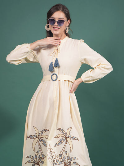 Cream Embroidered V-Neck A-Line Dress-Women Dresses-Crimsoune Club