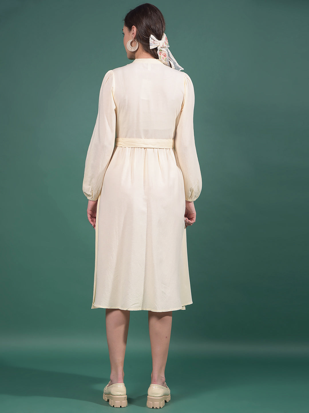Cream Embroidered V-Neck A-Line Dress-Women Dresses-Crimsoune Club