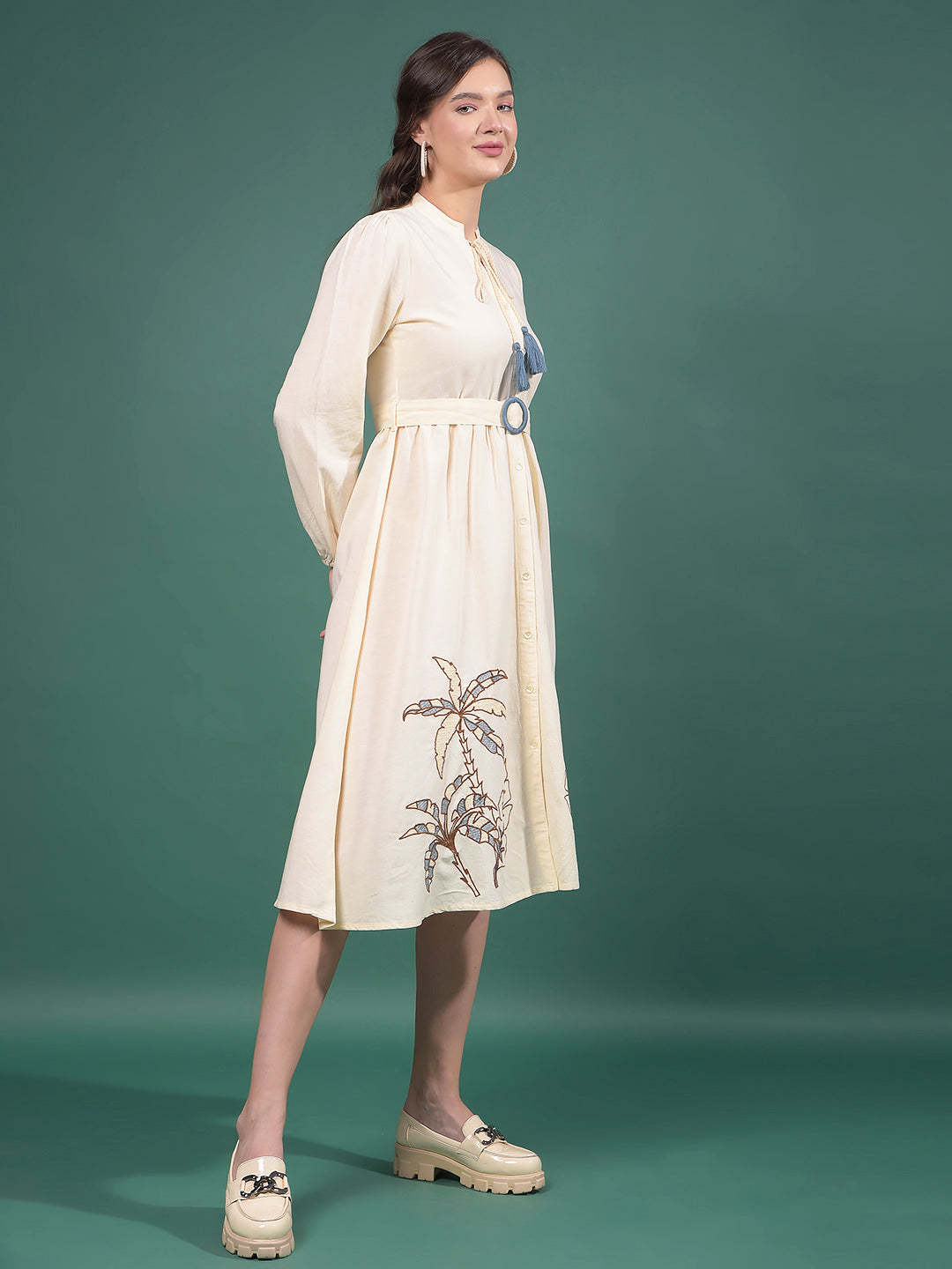 Cream Embroidered V-Neck A-Line Dress-Women Dresses-Crimsoune Club