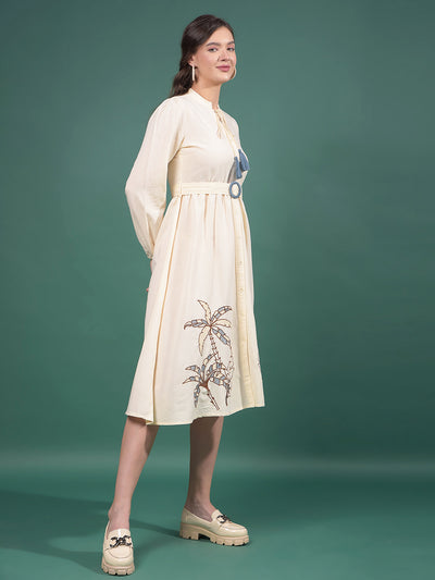 Cream Embroidered V-Neck A-Line Dress-Women Dresses-Crimsoune Club