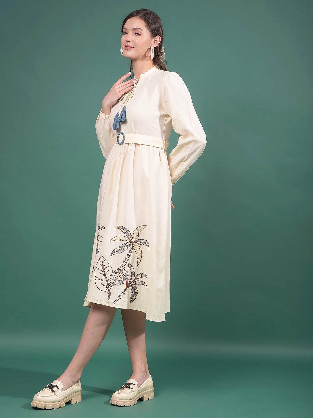 Cream Embroidered V-Neck A-Line Dress-Women Dresses-Crimsoune Club