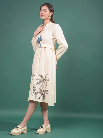 Cream Embroidered V-Neck A-Line Dress-Women Dresses-Crimsoune Club