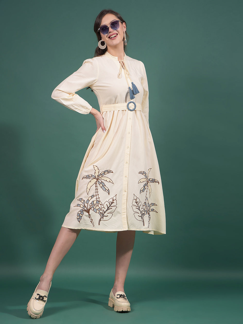 Cream Embroidered V-Neck A-Line Dress-Women Dresses-Crimsoune Club