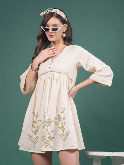 Beige Embroidered V-Neck A-Line Mini Dress-Women Dresses-Crimsoune Club