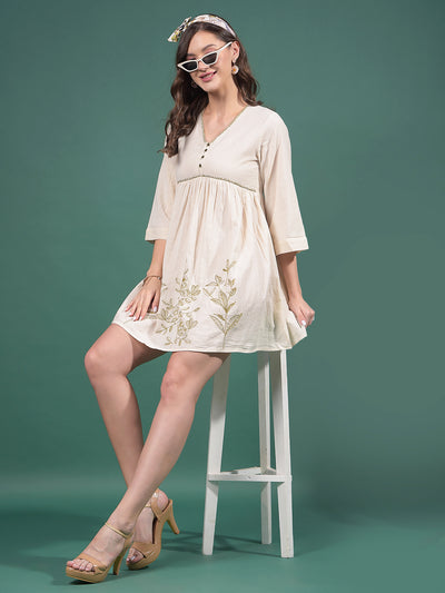 Beige Embroidered V-Neck A-Line Mini Dress-Women Dresses-Crimsoune Club