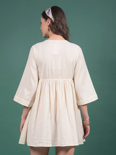 Beige Embroidered V-Neck A-Line Mini Dress-Women Dresses-Crimsoune Club