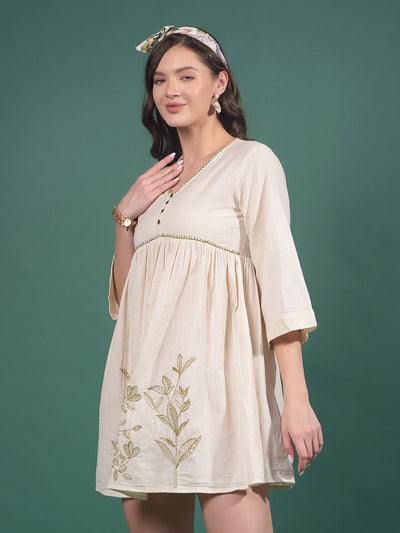 Beige Embroidered V-Neck A-Line Mini Dress-Women Dresses-Crimsoune Club