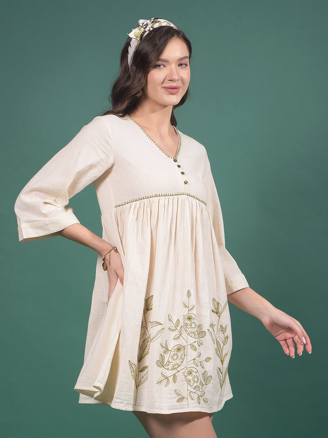 Beige Embroidered V-Neck A-Line Mini Dress-Women Dresses-Crimsoune Club
