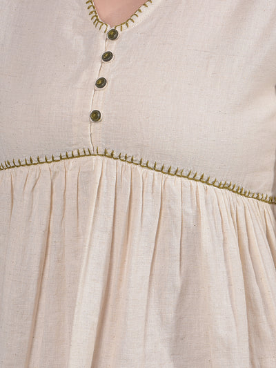 Beige Embroidered V-Neck A-Line Mini Dress-Women Dresses-Crimsoune Club