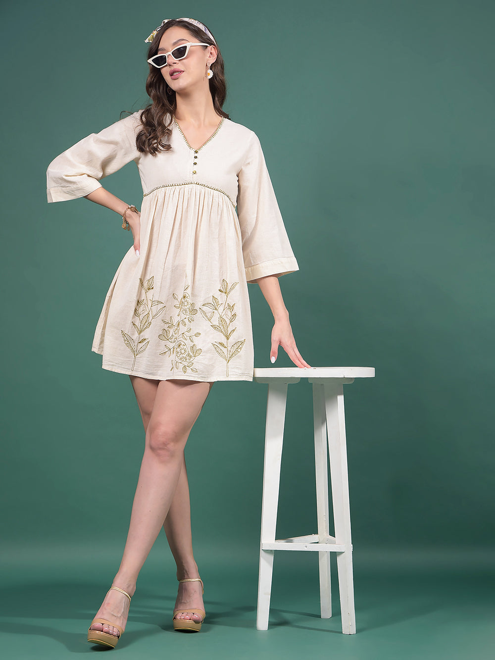 Beige Embroidered V-Neck A-Line Mini Dress-Women Dresses-Crimsoune Club