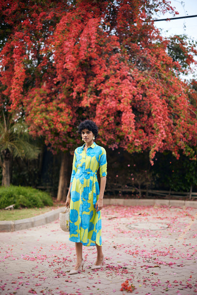 Green Floral Print Shirt Dress with Belt-Women Dresses-Crimsoune Club
