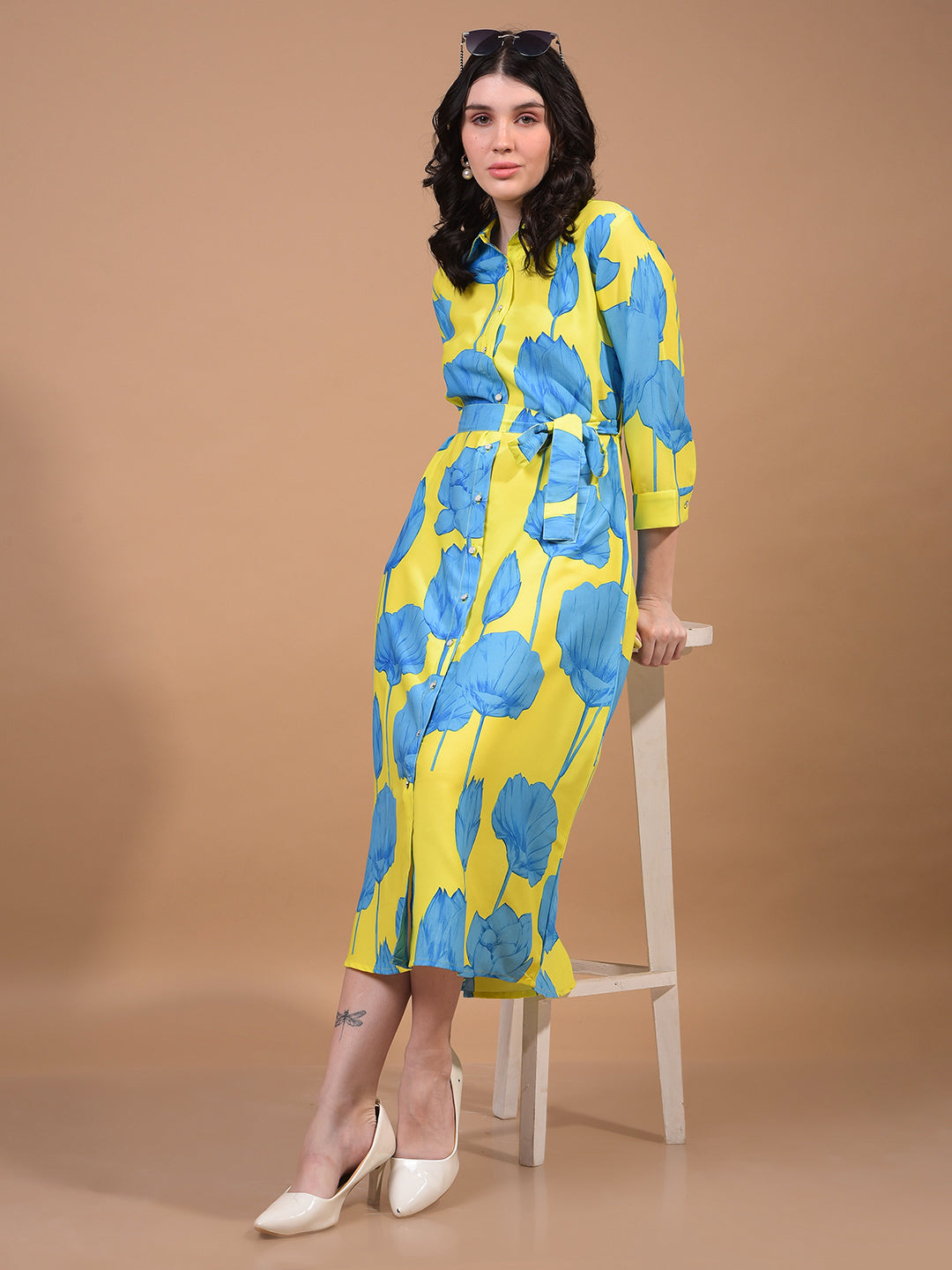 Women's Green Floral Print Shirt Dress with Belt-Women Dress-Crimsoune Club