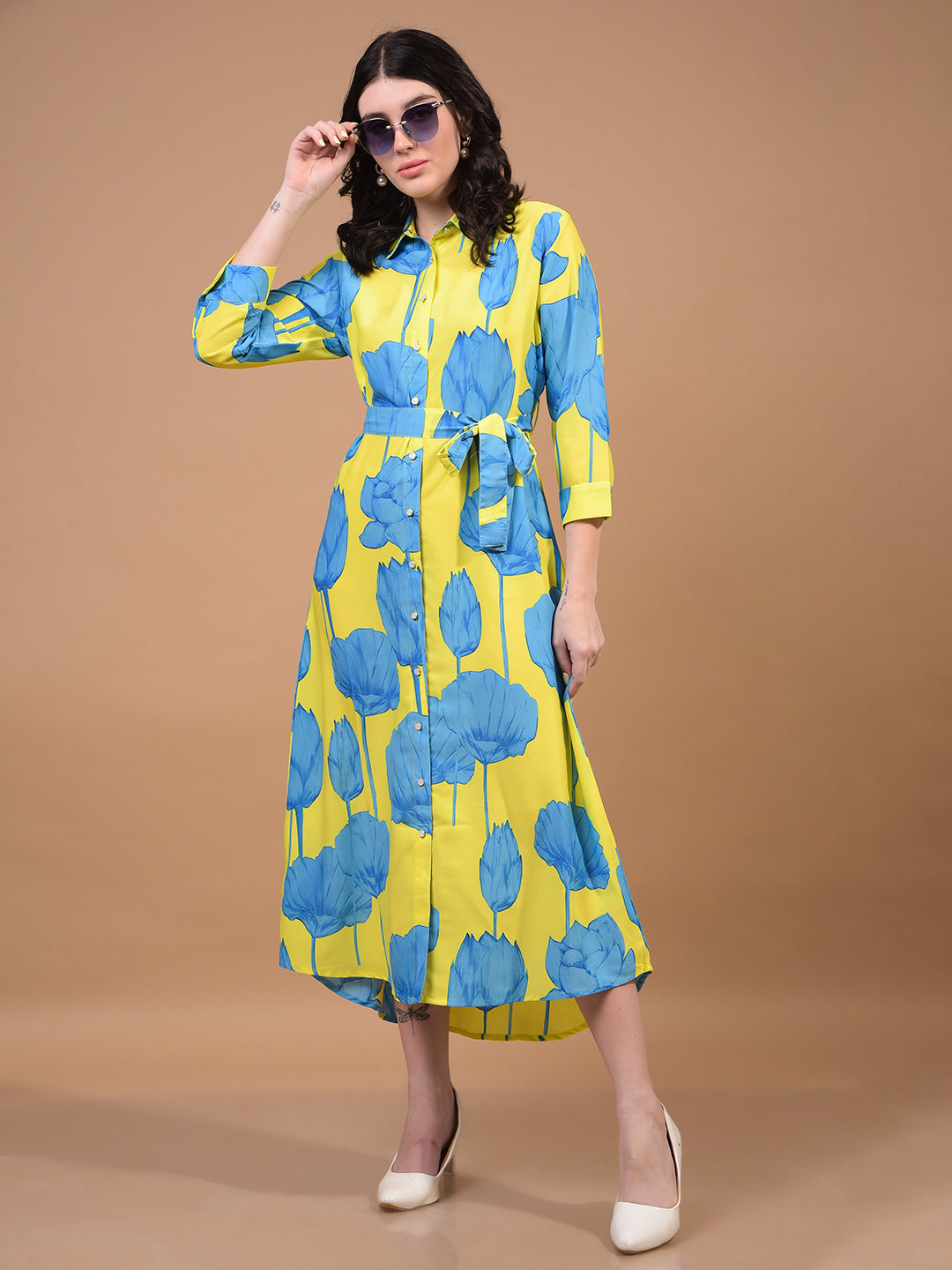 Women's Green Floral Print Shirt Dress with Belt-Women Dress-Crimsoune Club