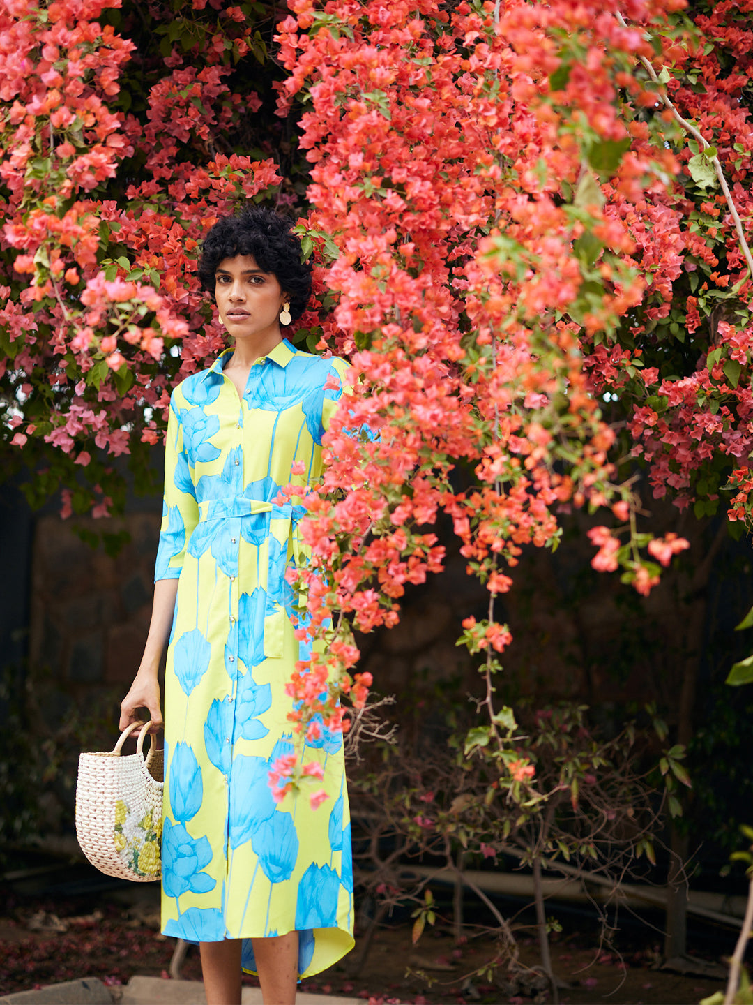 Green Floral Print Shirt Dress with Belt-Women Dresses-Crimsoune Club