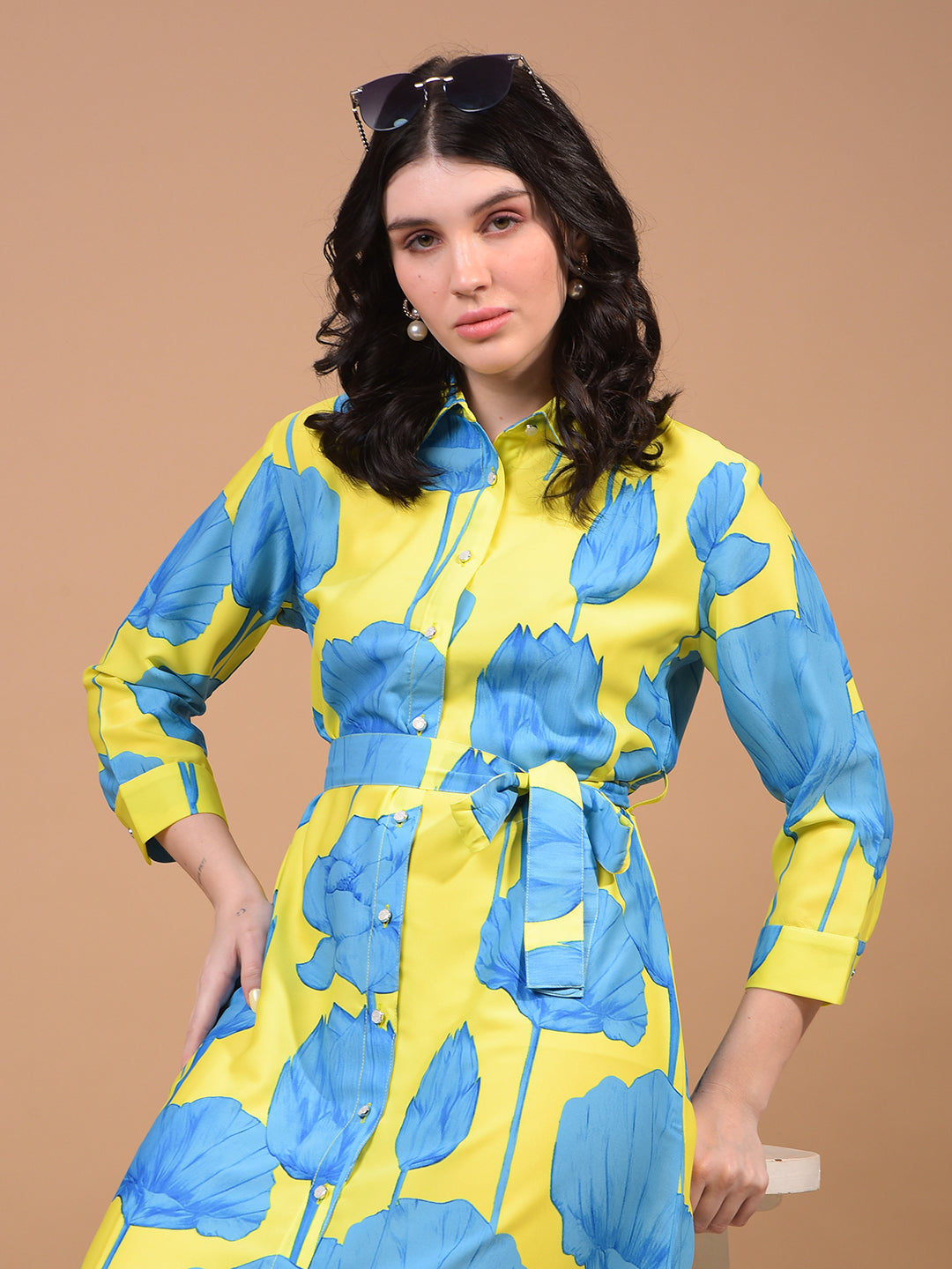 Women's Green Floral Print Shirt Dress with Belt-Women Dress-Crimsoune Club