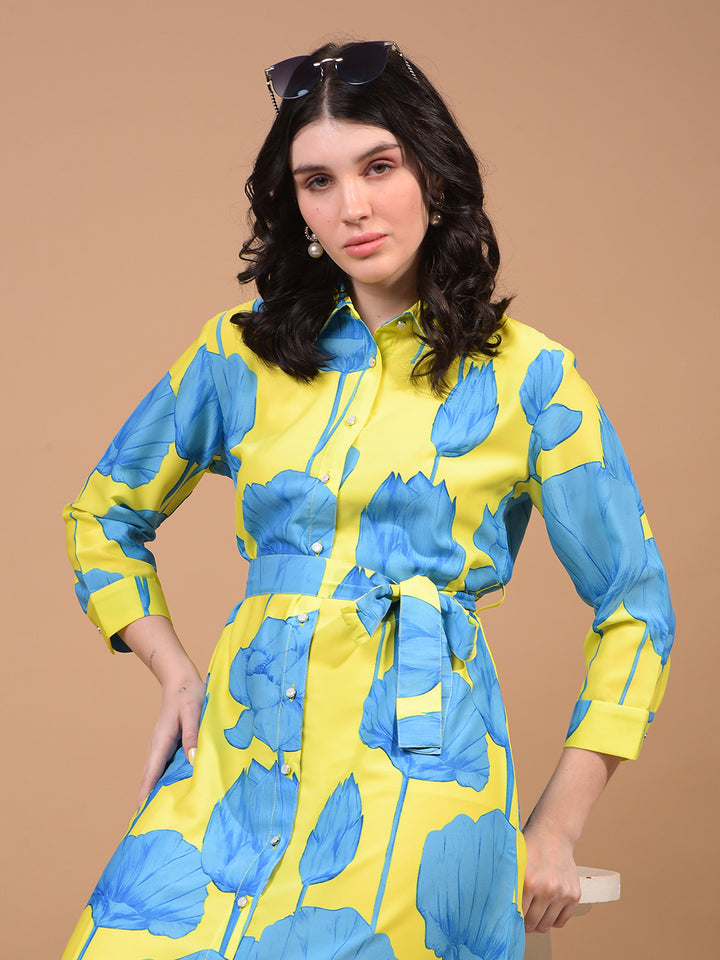 Women's Green Floral Print Shirt Dress with Belt-Women Dress-Crimsoune Club