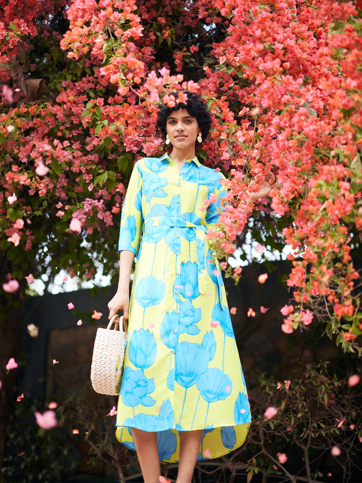 Green Floral Print Shirt Dress with Belt-Women Dresses-Crimsoune Club
