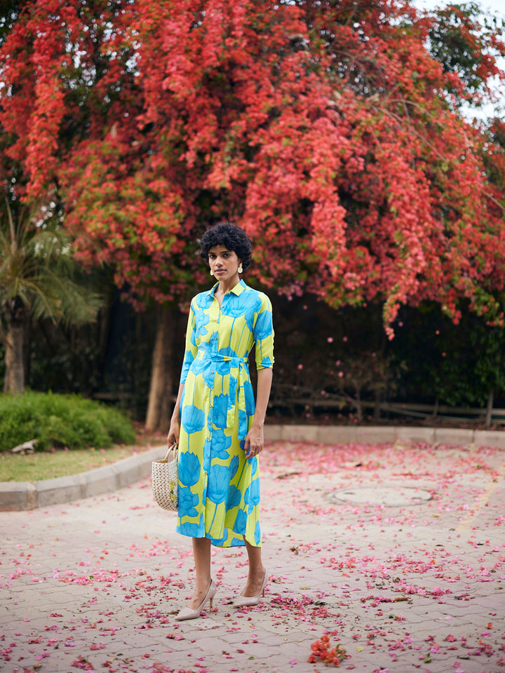 Green Floral Print Shirt Dress with Belt-Women Dresses-Crimsoune Club