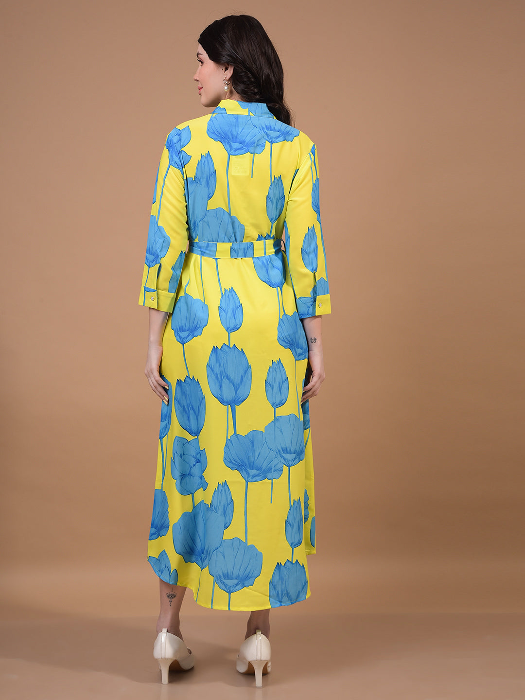 Women's Green Floral Print Shirt Dress with Belt-Women Dress-Crimsoune Club