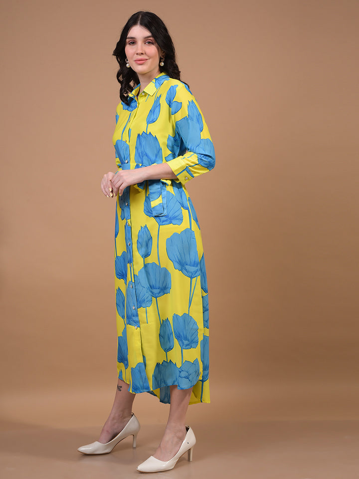 Women's Green Floral Print Shirt Dress with Belt-Women Dress-Crimsoune Club