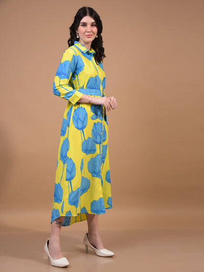Women's Green Floral Print Shirt Dress with Belt-Women Dress-Crimsoune Club