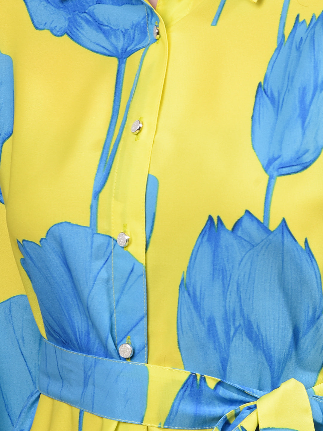 Women's Green Floral Print Shirt Dress with Belt-Women Dress-Crimsoune Club