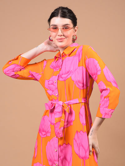 Women's Orange Floral Print Shirt Dress with Belt-Women Dress-Crimsoune Club