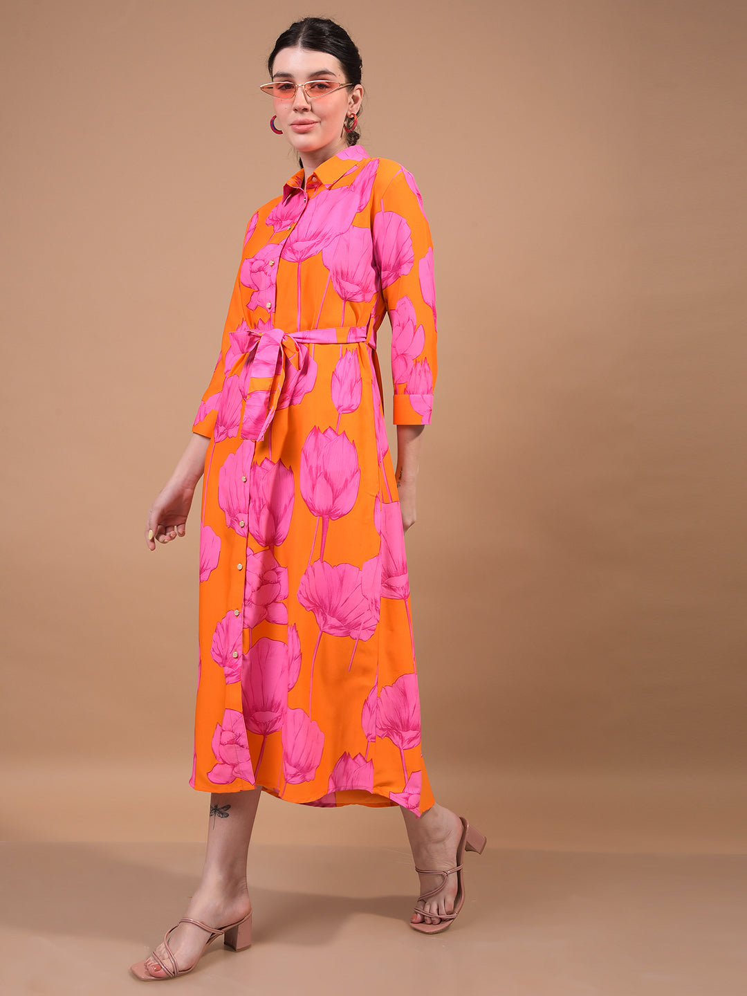 Women's Orange Floral Print Shirt Dress with Belt-Women Dress-Crimsoune Club