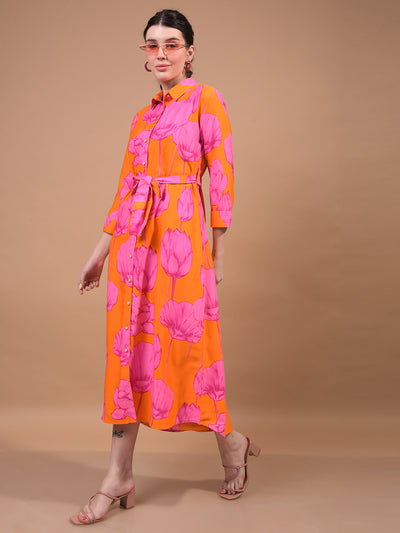 Women's Orange Floral Print Shirt Dress with Belt-Women Dress-Crimsoune Club