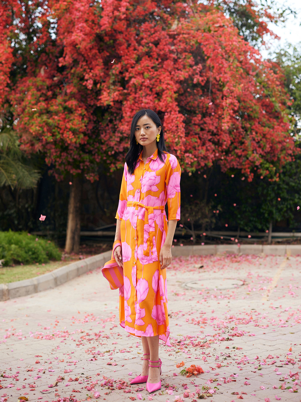 Orange Floral Print Shirt Dress with Belt-Women Dresses-Crimsoune Club