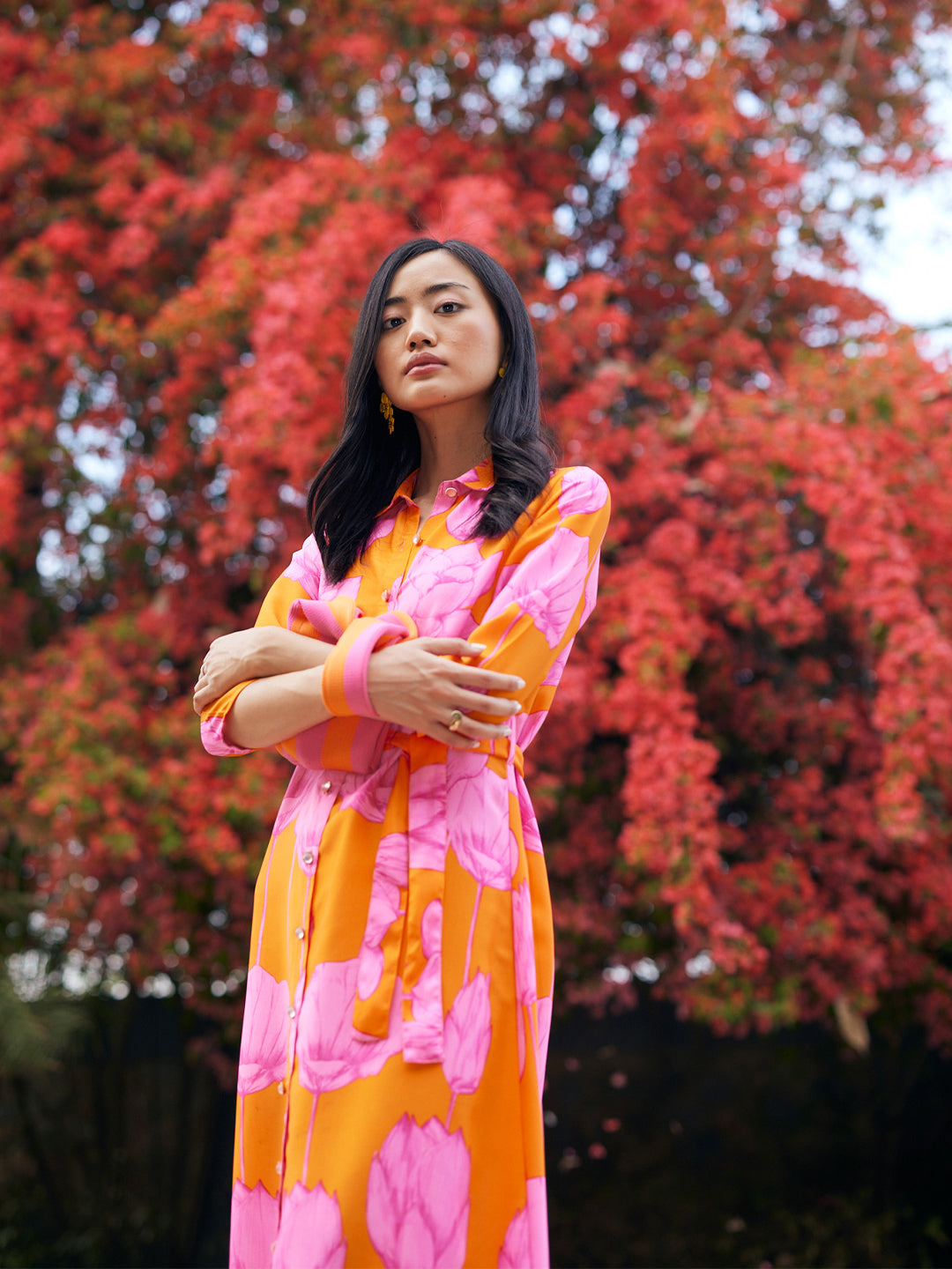 Orange Floral Print Shirt Dress with Belt-Women Dresses-Crimsoune Club