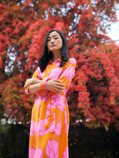 Orange Floral Print Shirt Dress with Belt-Women Dresses-Crimsoune Club