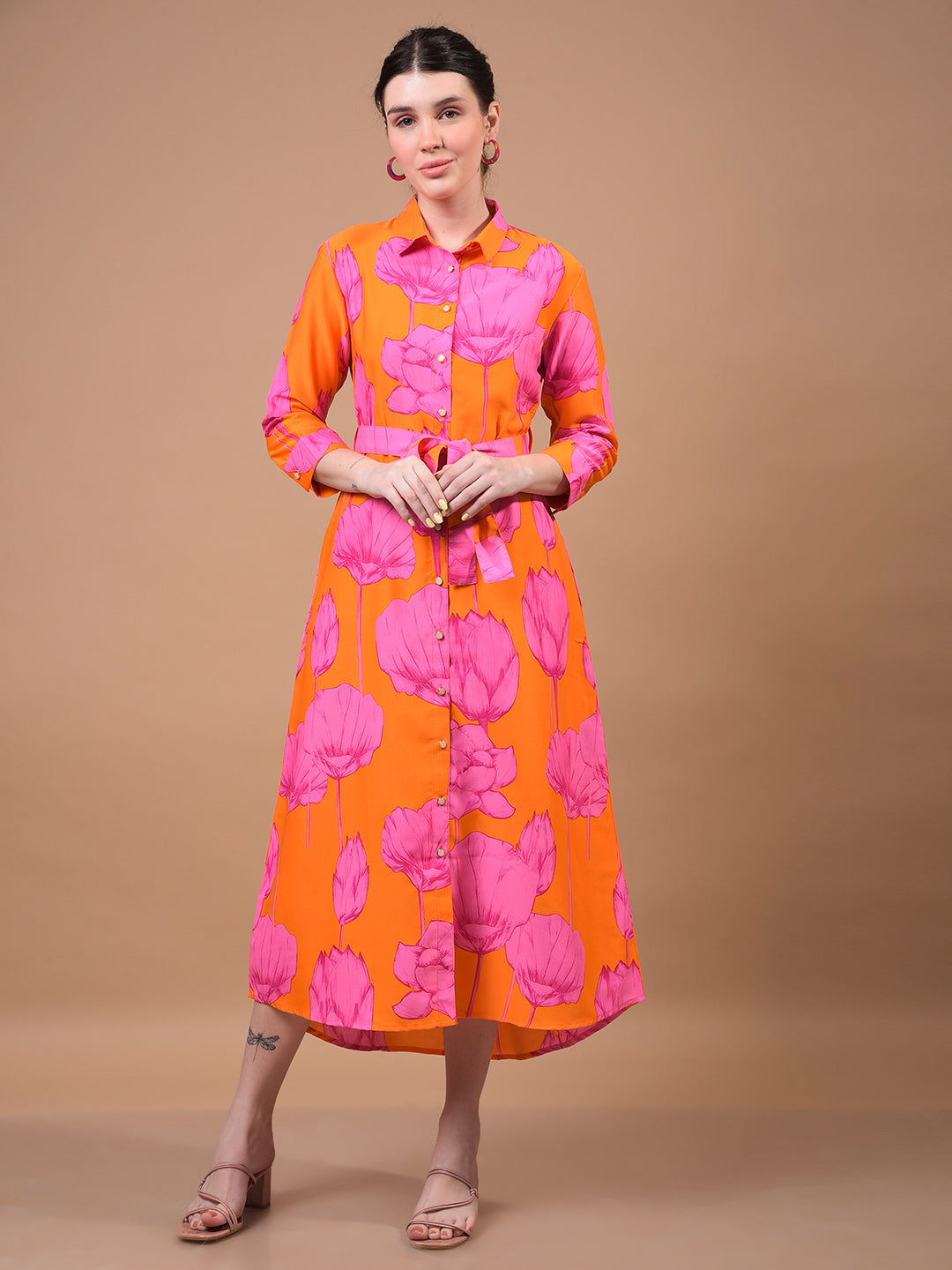Women's Orange Floral Print Shirt Dress with Belt-Women Dress-Crimsoune Club