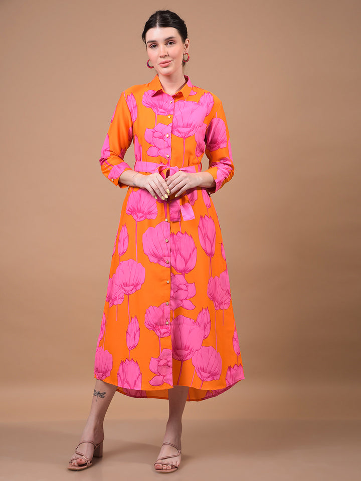 Women's Orange Floral Print Shirt Dress with Belt-Women Dress-Crimsoune Club