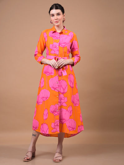 Women's Orange Floral Print Shirt Dress with Belt-Women Dress-Crimsoune Club