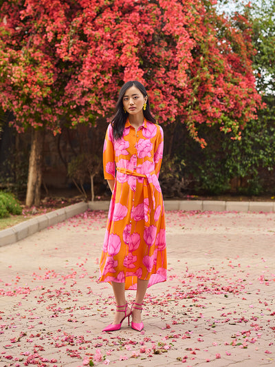 Orange Floral Print Shirt Dress with Belt-Women Dresses-Crimsoune Club
