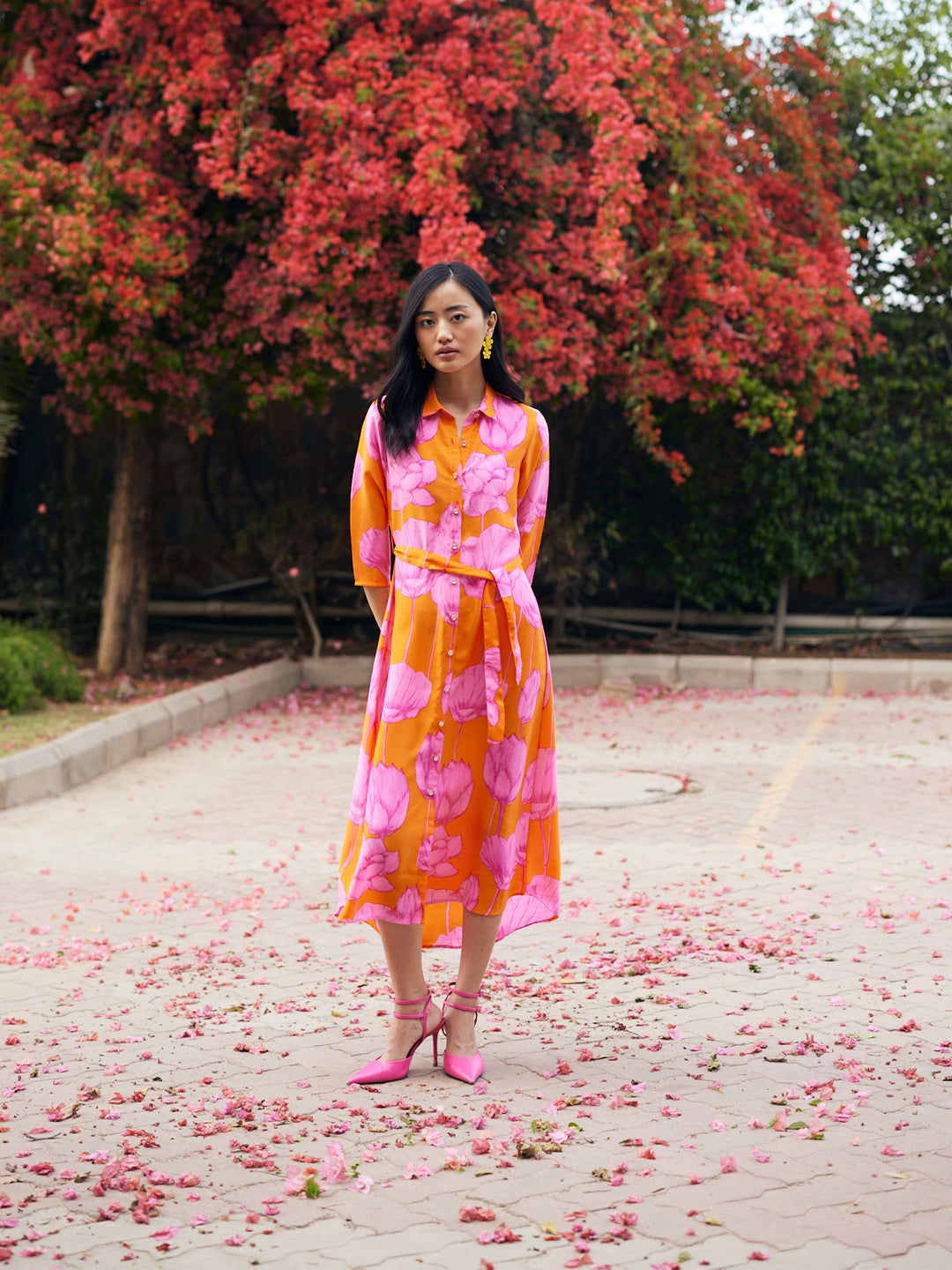 Orange Floral Print Shirt Dress with Belt-Women Dresses-Crimsoune Club