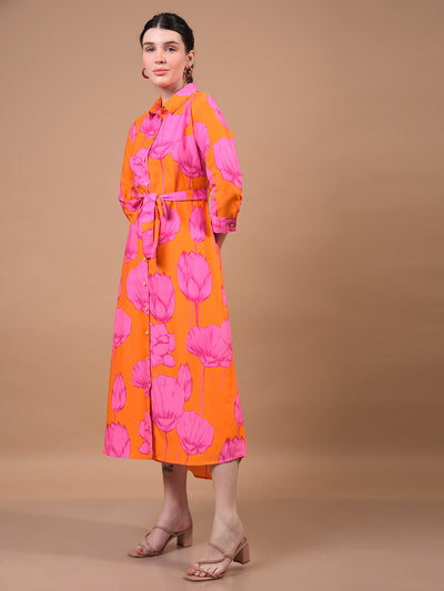Women's Orange Floral Print Shirt Dress with Belt-Women Dress-Crimsoune Club
