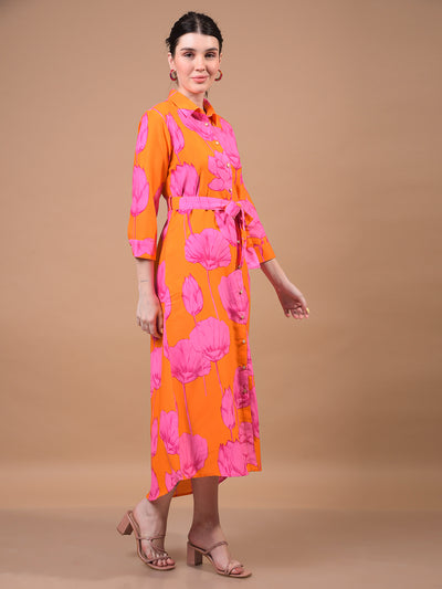 Women's Orange Floral Print Shirt Dress with Belt-Women Dress-Crimsoune Club