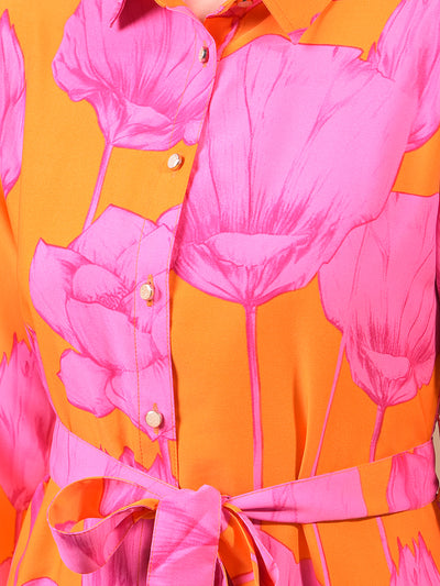 Women's Orange Floral Print Shirt Dress with Belt-Women Dress-Crimsoune Club