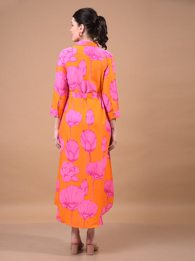 Women's Orange Floral Print Shirt Dress with Belt-Women Dress-Crimsoune Club