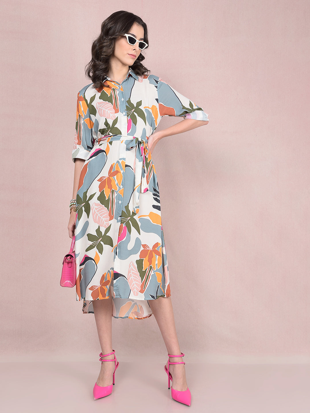 Multi-Color Floral Print Shirt Dress with Belt-Women Dresses-Crimsoune Club
