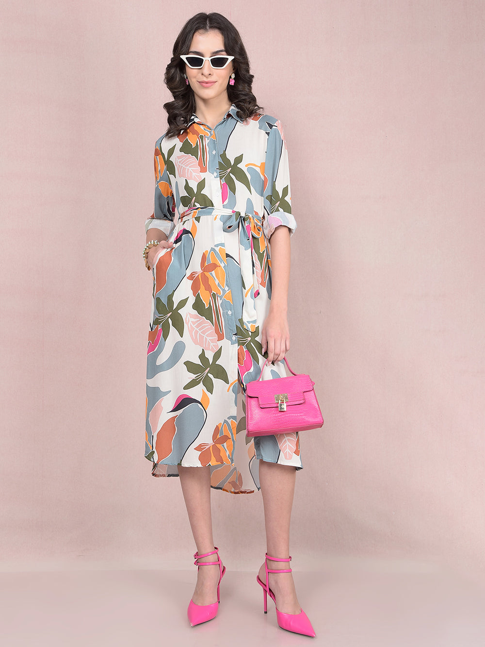 Multi-Color Floral Print Shirt Dress with Belt-Women Dresses-Crimsoune Club